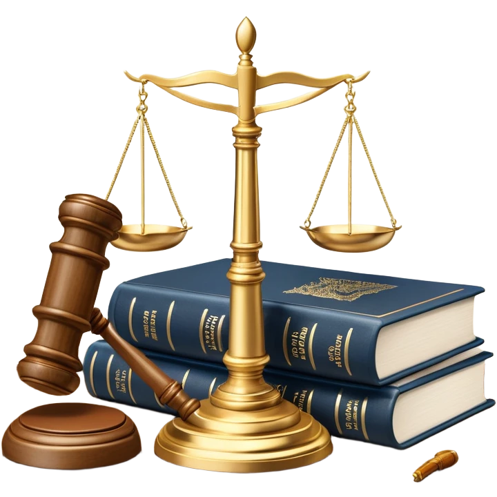 An icon featuring scales of justice, a gavel, and a legal book, symbolizing the study of law. The design includes courthouse pillars in the background, representing authority and legal systems. Transparent background highlights the principles of justice, order, and legal education. emoji
