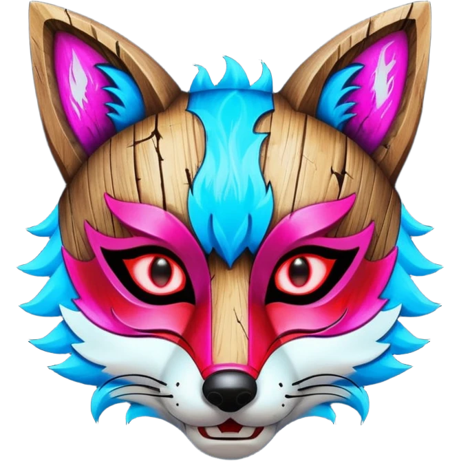 Ancient wooden mask, split in half, luminous and neon with red, blue and pink fox-like glow. emoji