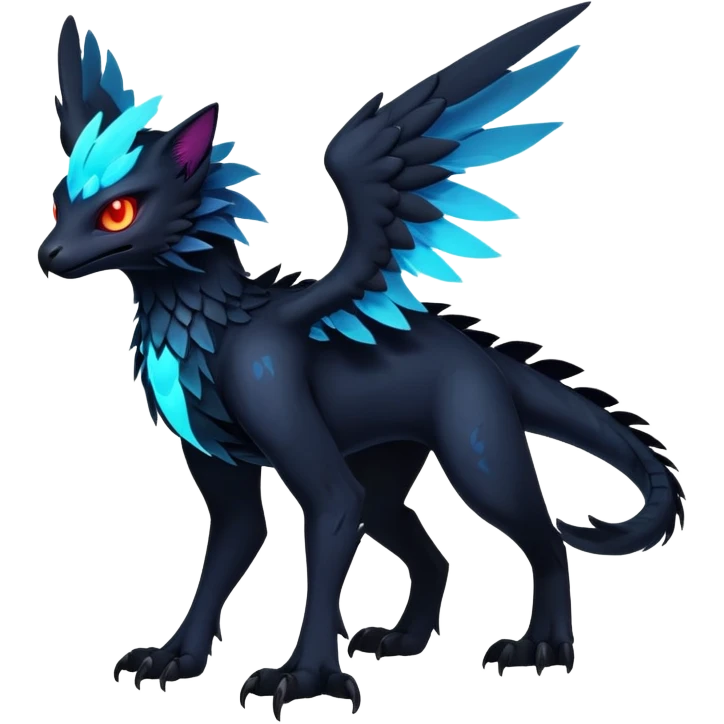 Black Dark Exotic Beaked Feathery Nocturnal Neon-glowing Abyssal Nightly Abyss-Cat-Gryphon-Salandit-Nargacuga-Silvally-Vernid-Sergal-Fakémon-Hybrid-Creature (full body) emoji