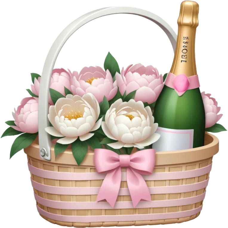 White Picnic basket with light pink bow and white peonies and a pink champage bottle inside emoji