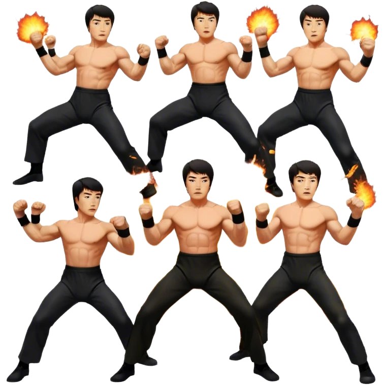 Collage of Arnold Schwarzenegger, Sylvester Stallone, Bruce Lee, and Jackie Chan in intense action poses, surrounded by explosions, martial arts moves, weapons. The design should capture the high energy and heroism of classic action films. Transparent background. emoji