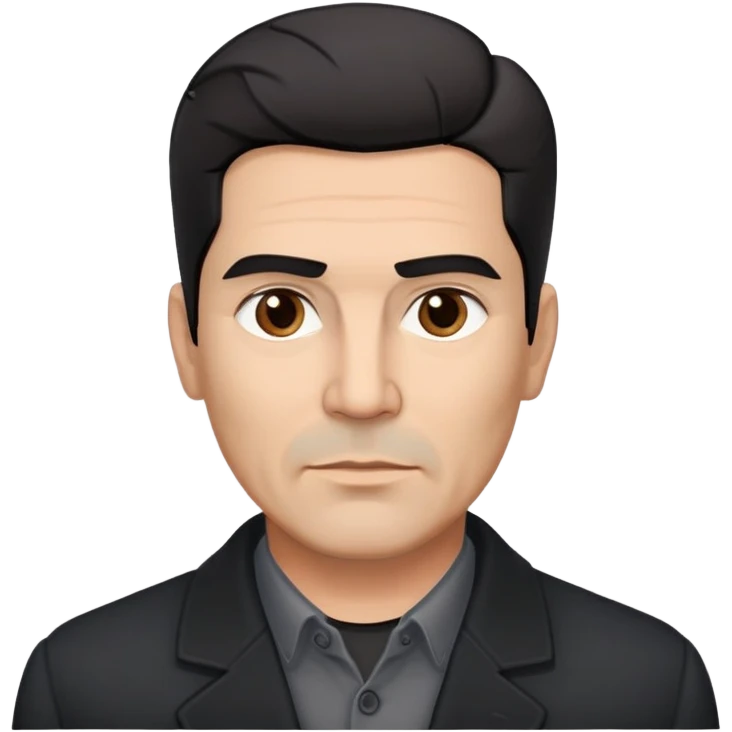 Broad-shouldered Hispanic man in his 50s, light brown complexion, square face with defined jawline, short straight black hair combed back with faded sides, thick eyebrows, black coat with gray buttoned-up shirt emoji