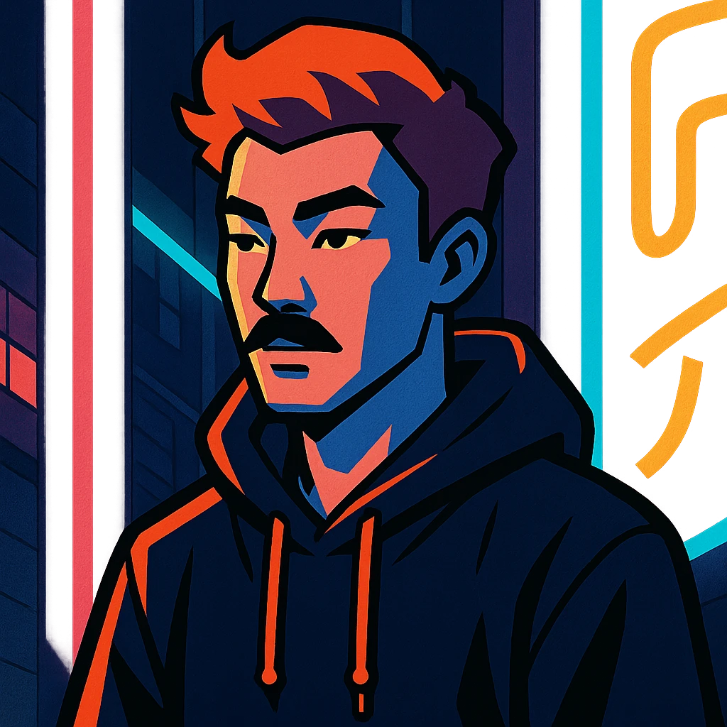 Asian man with black mustache, red hair, black hoodie, neon lights, Japanese cyberpunk anime style emoji