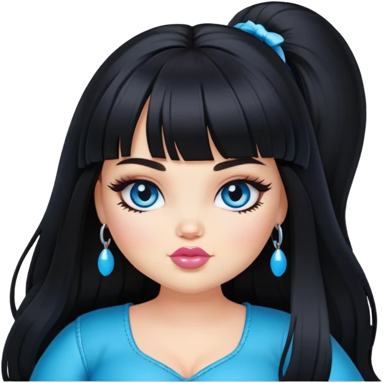 pretty alt bratz girl, big plus size, black long hair, bangs, blue eyes, white skin emoji