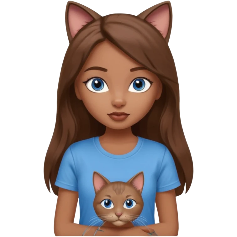 a pretty bratz dusky girl with long brown hair, blue eyes with six cats nd wearing a grey tshirt emoji