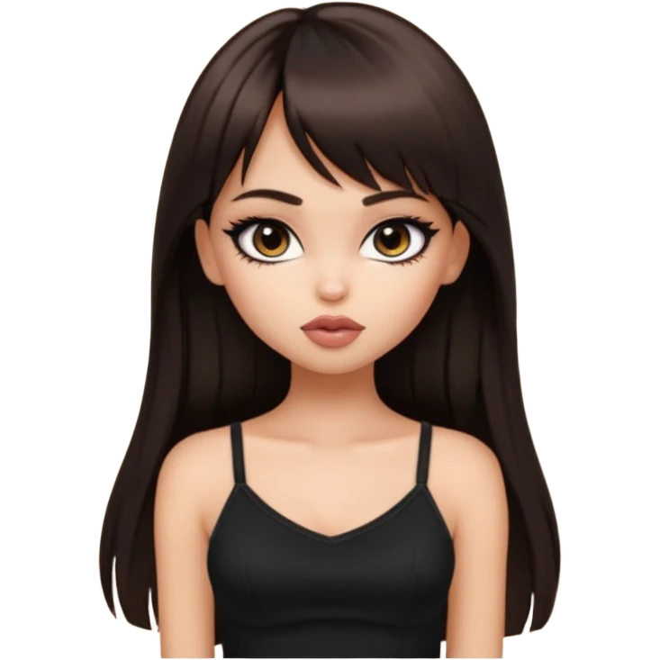 generate a pretty bratz girl in black cami top, dark brown straight long hair with bangs, eyeliner on, emoji