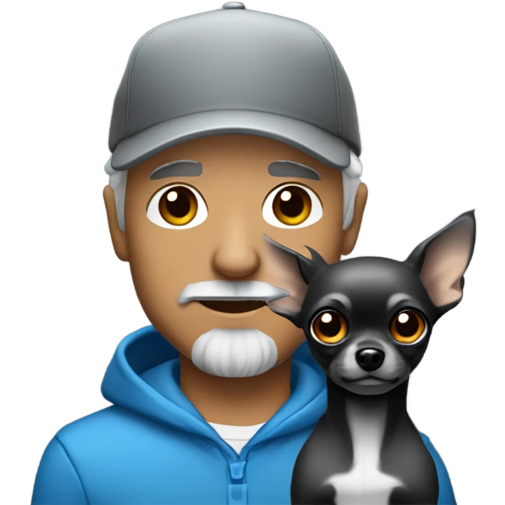 Man with blue eyes grey hair and grey goatee, wearing ball cap, holding long hair black chihuahua emoji