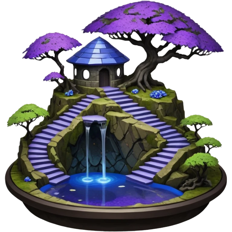 Crashed Alien saucer pool-castle jungle winding staircase  mountainside getaway haunted nighttime landscape antique mudman very old broken cracked intricate Stone Age lapis-crusted irregular dodecagon-shaped shallow dark moss rough bark violet flowered maple tree bonsai emoji
