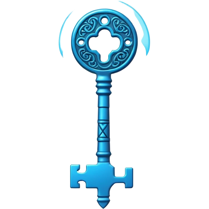Ancient key glowing blue with runic markings, floating emoji
