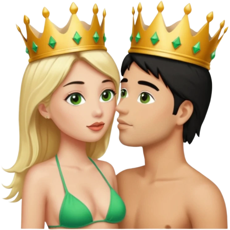Blonde Queen with crown Green eyes eyes Bikini kissing man black Hair  emoji