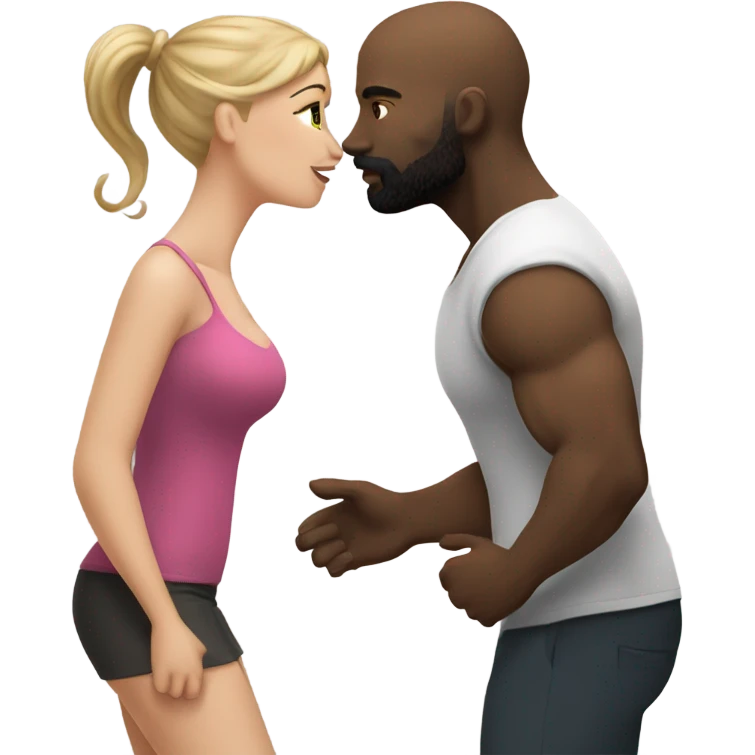Curvy White brunette kissing muscular black bald man with beard emoji