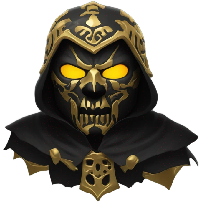 Bounty Hunter Boss with black cape and a perfect gold skull jaw mask from death Stranding, full body front and back emoji