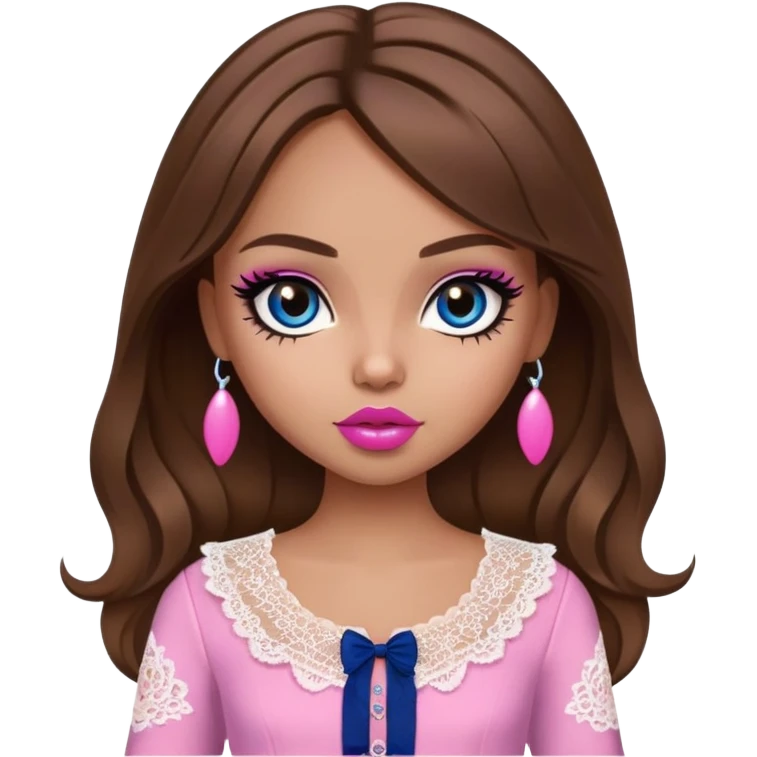 tall pretty bratz girl, brown hair, dark blue eyes, pink lips, black eyeliner, tan skin, cute lace girly clothes emoji