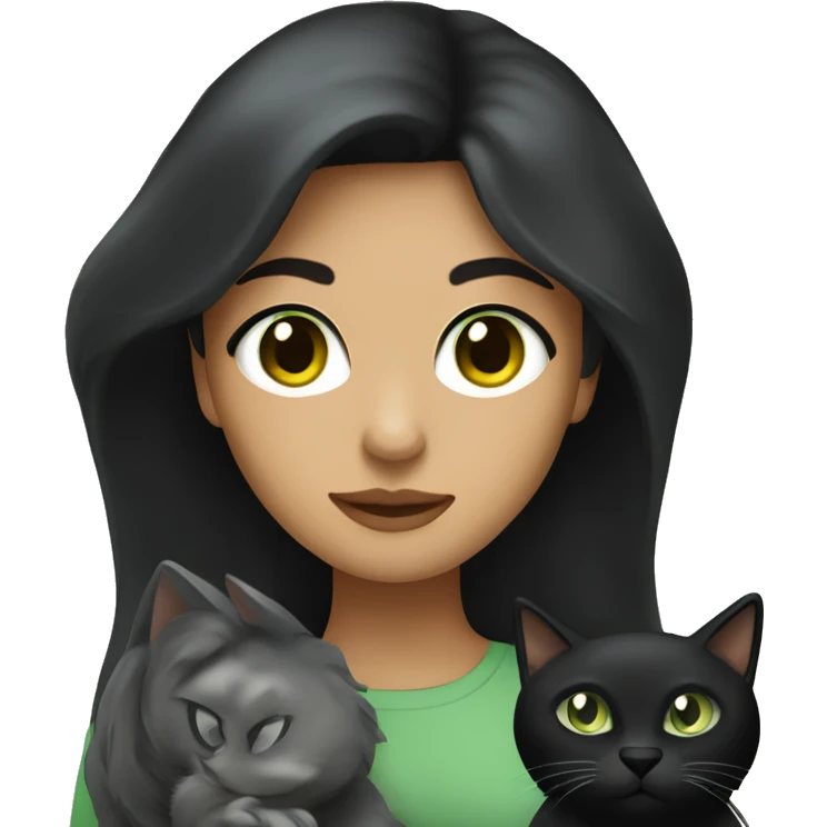 A  light Hispanic woman with  long black hair holding a Dark graycat with light green eyes emoji