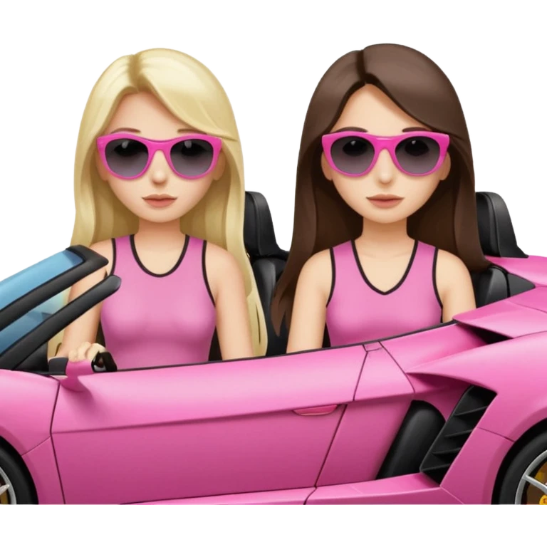 Add sunglasses show full car front facing so I can see full car Car facing forward in sports car. Make hair long  two girls in car far away Front of car sitting in the seats. Make it a pink sports car. They are two baddies make it a Lamborghini pink car  emoji