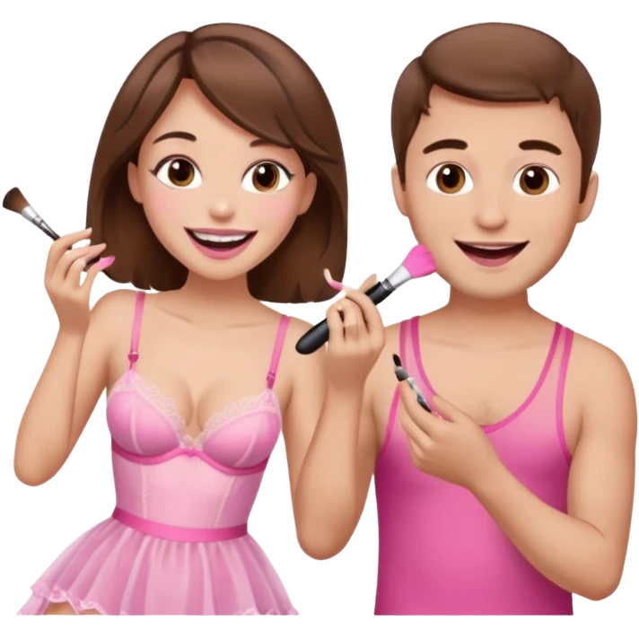 brown hair male getting sissified in pink lingerie dress by his wife. the wife is laughing. she is doing makeup emoji