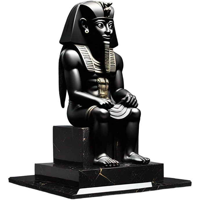 Osiris crook and flail obsidian statue on granite 30 ton brick, massive size, sunlight behind, sunset colors, reflections on black stone polished clean perfect, photography angles emoji