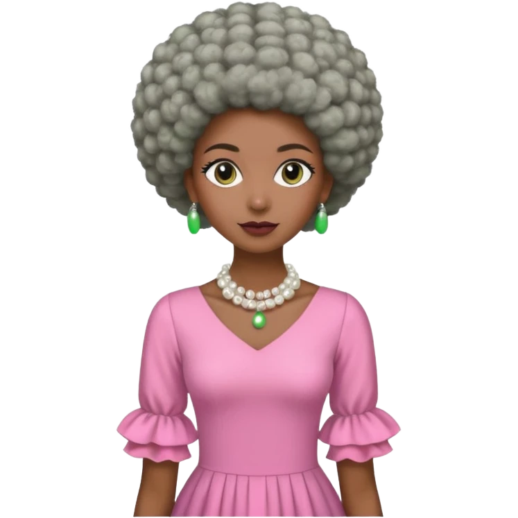 Brown woman with a very very stylish gray Afro  wearing pink and green dress  and pearl blouse with sleeves emoji