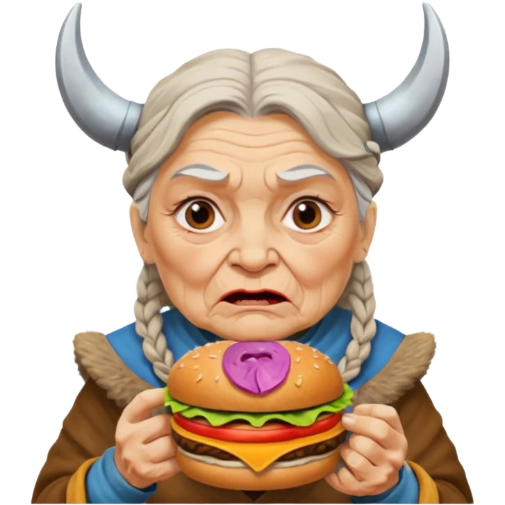 old woman viking eating burger emoji