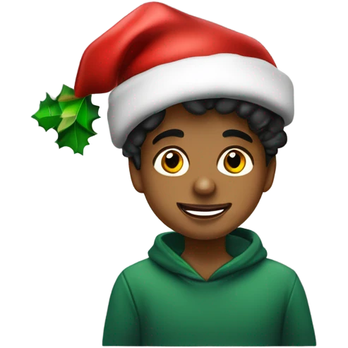 Niño moreno no tanto con pelo negro ondulado con gorro de navidad decorando un árbol emoji