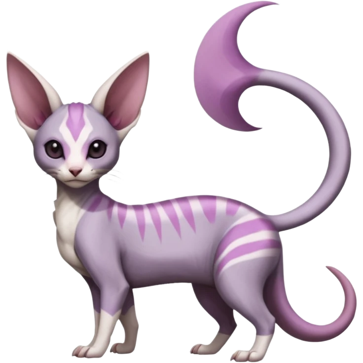 Purple, white, black, Minccino-Sphynx-Lykoi-Linoone-Zangoose-fusion-hybrid-animal-Fakémon-creature, full body, thin long sleek scaly tail, intricate markings emoji