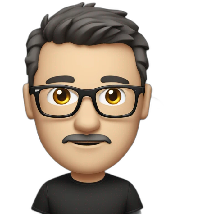 small-cartoonish-middle-age-lean-white-man,without-facial-hair,-with-black-hair-&-glasses-wearing-black-Tesla-T-shirt,-inside-black-tesla-model-3, full car front view emoji