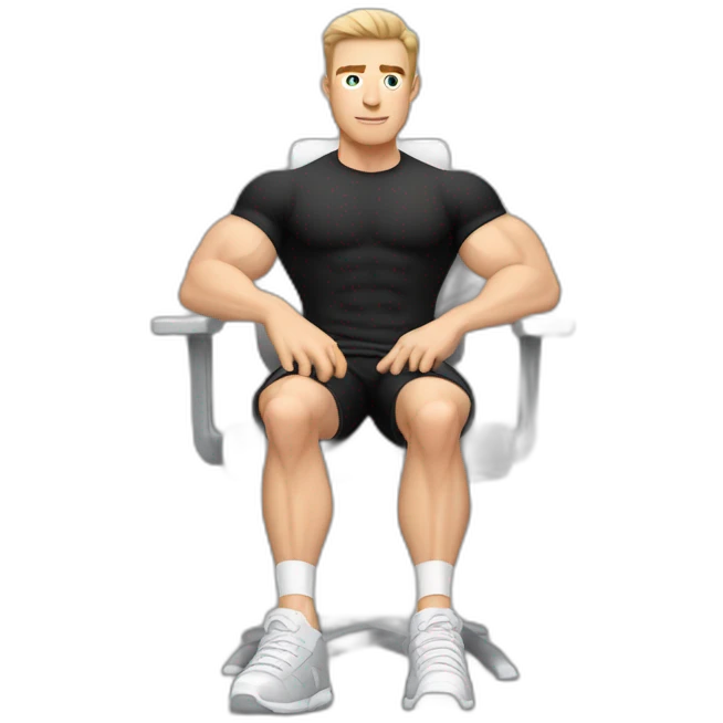 Pale skinned Fit Man With the biceps and dark brown hair in black shirt, gray sports shorts and white Sneakers Sitting on a chair emoji
