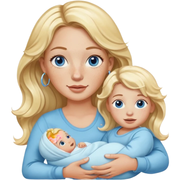 Wavy blonde, white woman with blue eyes, freckles hoop earrings, holding babies emoji