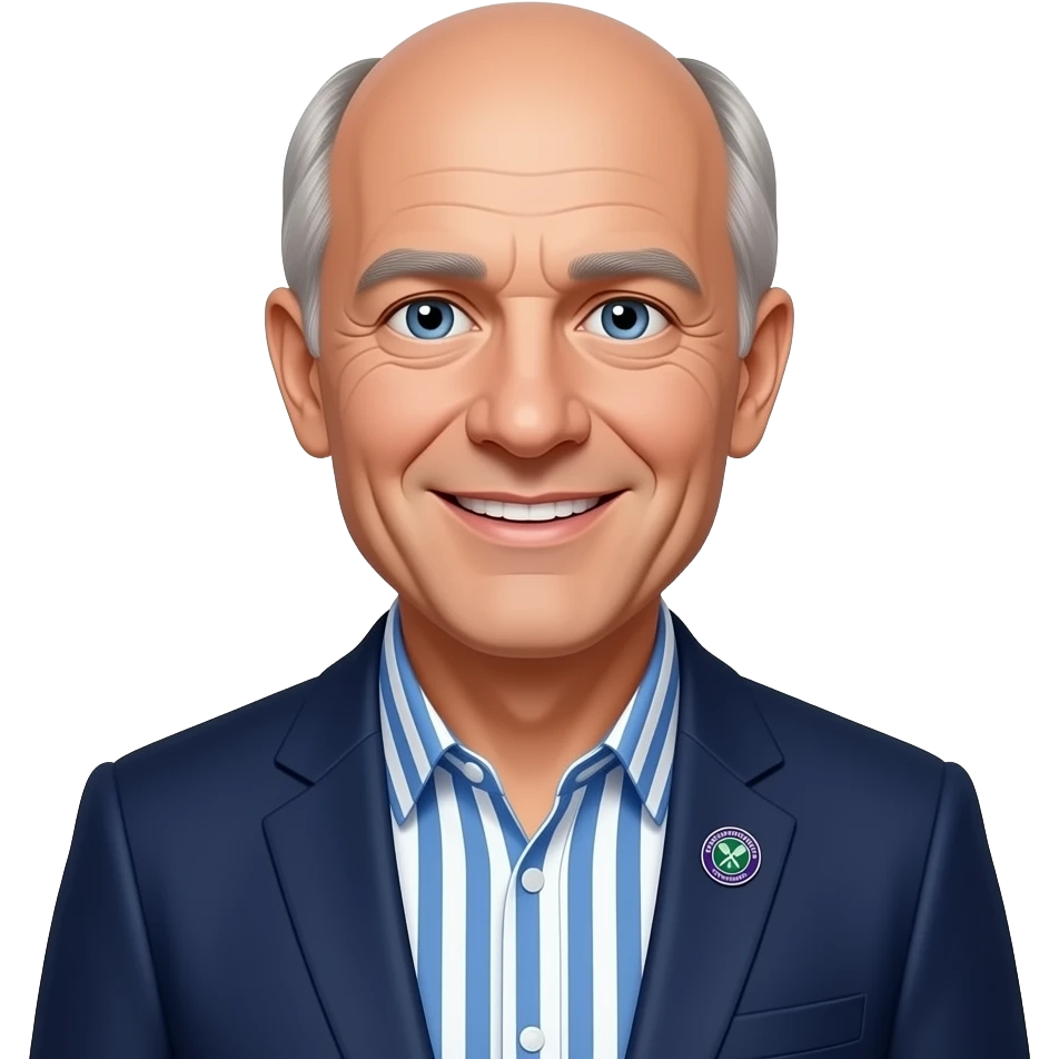 DJR - man, friendly smile, mid 70's, blue eyes, wimbledon pin badge, blue and white vertical striped button up shirt, thin grey hair, balding crown of head, dark blue blazer emoji