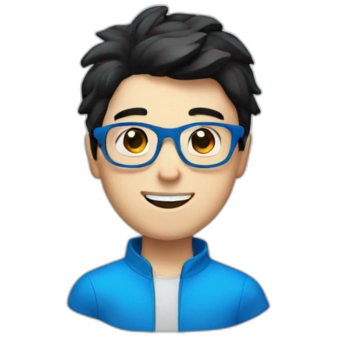 White Boy with chinese black hair wearing blue glasses saying hi emoji