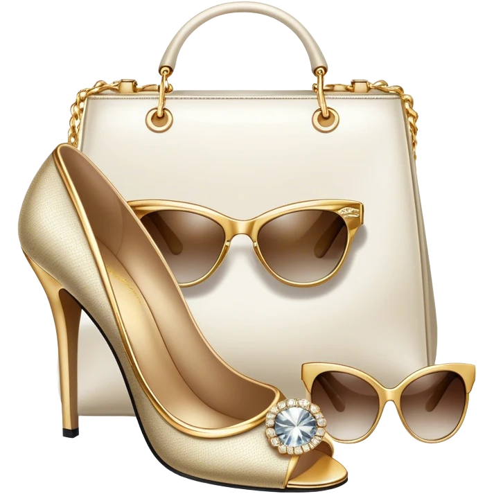 A photorealistic icon featuring luxurious fashion accessories like a high-end handbag, elegant high heels, a sparkling diamond necklace and a stylish pair of sunglasses. The design includes gold accents, soft lighting, and glamorous textures, fashion, and VIP luxury. Transparent background emoji