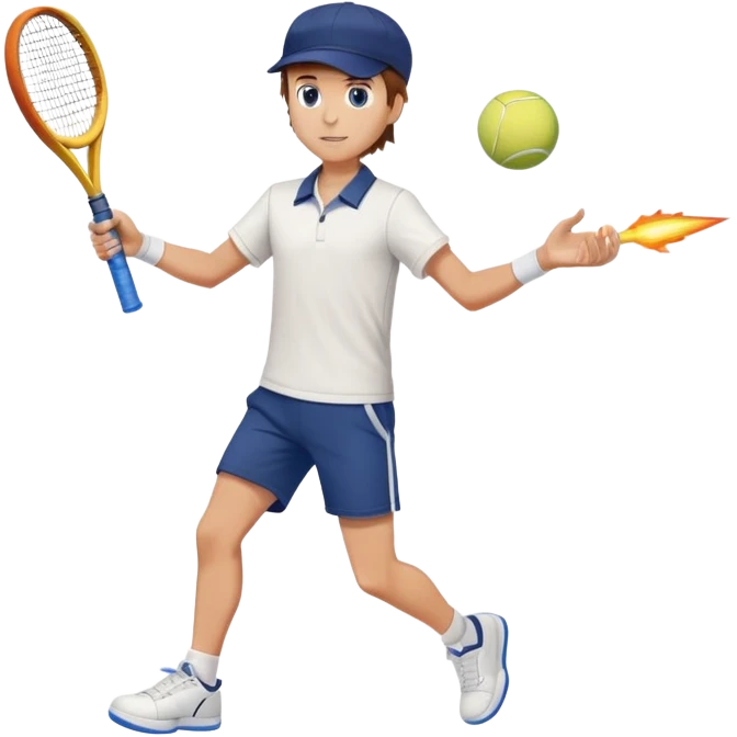 Full body pose, tennis player with a rocket and ball in other hand. Brown hair, blue eyes, little stubble, navy cap, white shirt and shorts, white + black sneakers emoji