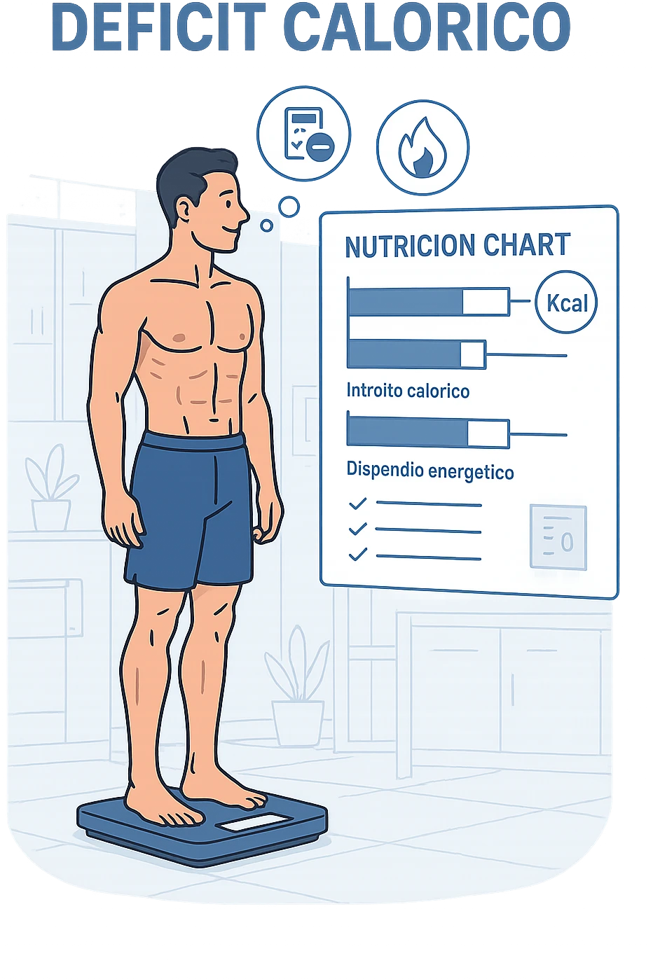 a man stands on a digital scale, looking at a nutrition chart that shows his daily calorie intake is lower than his energy expenditure. Floating icons above his head display a negative calorie balance, and his body appears slightly leaner, with visible muscle definition. The background is a modern clinic, emphasizing the concept of caloric deficit. scritto in italiano emoji