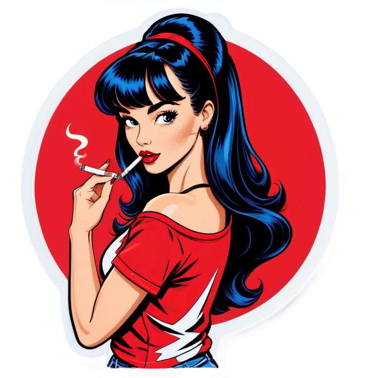 Sexy young pinup woman lighting up a cigarette she has long dark blue black hair with front bangs and she’s wearing a red t shirt, pop art emoji