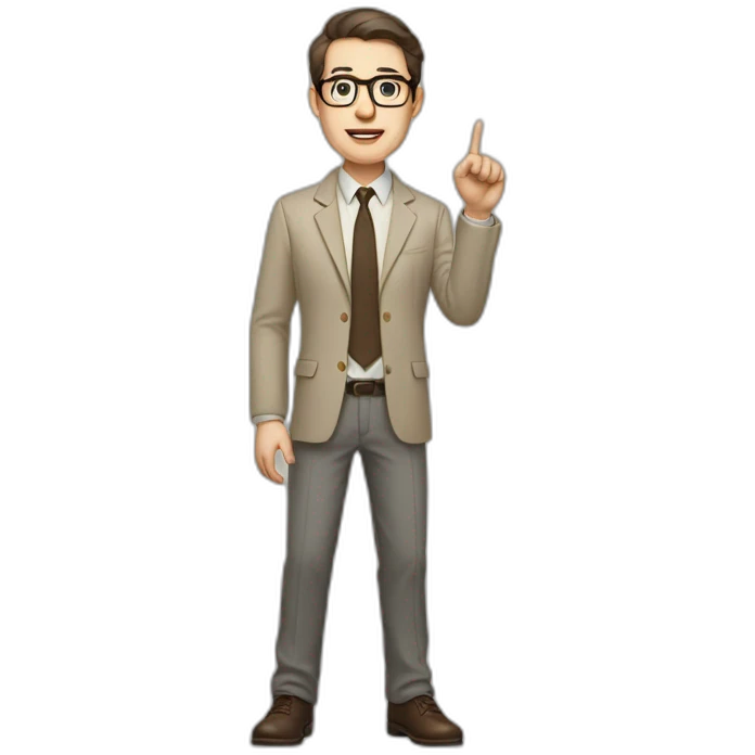 Full height Actively Gesturing Pale skinned fit man with dark brown hair in gray jacket, beige office shirt, brown tie, brown pants and vintage glasses. emoji