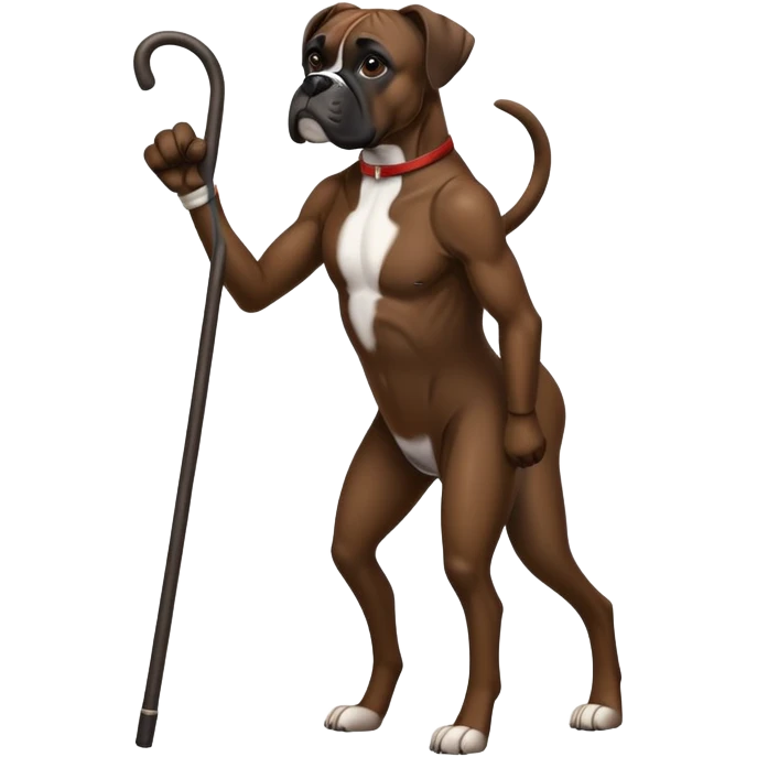 Elderly adult dark black boxer dog standing on hind 2 legs hunched over using one cane emoji