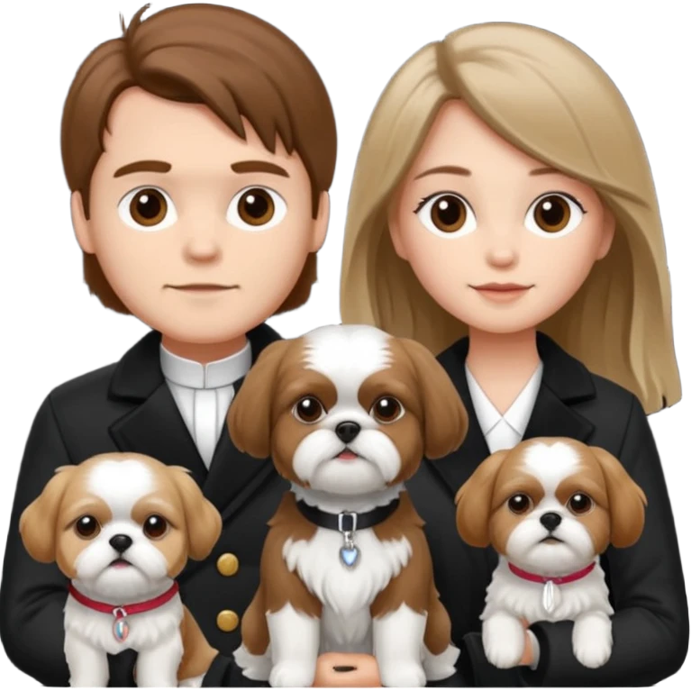 A couple boy with nice brown hair  and beautiful girl with long dark blond hair and with two shih tzu dogs with  black and white coat emoji