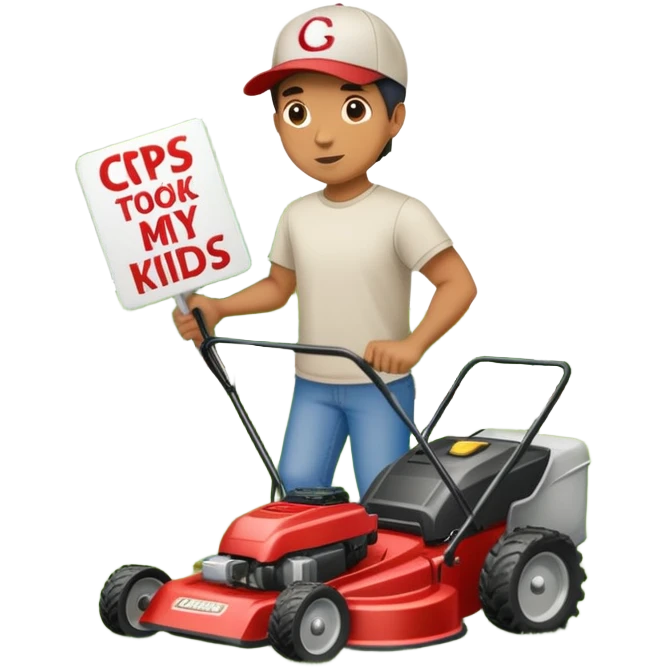guy pushing lawn mower holding sign that says “cps took my kids” emoji