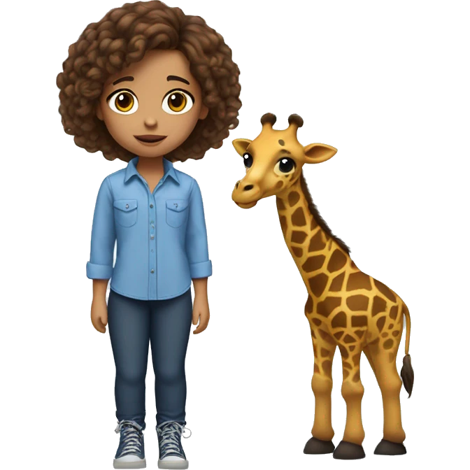 10 year old girl with brown eyes, brown tangled hair, big lips, blue shirt, blue and black pants, whit shoes, with a giraffe next to her  emoji