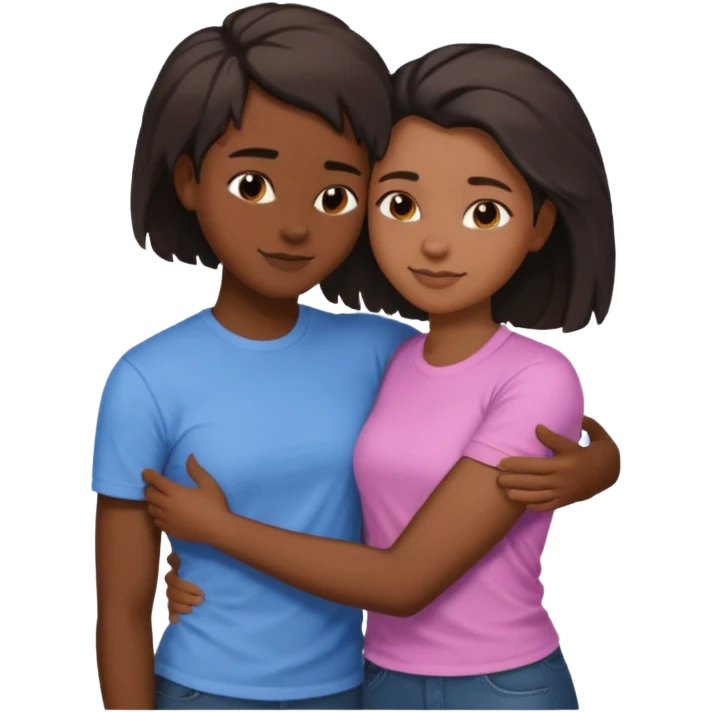 Black lesbian couple with one dark skin masculine with short hair low cute fade with a t shirt and one feminine with long hair in a blouse hugging  emoji