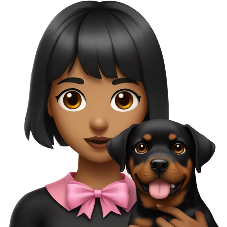 White 22 year old women with brown eyes and black medium length hair with bangs holding a Rottweiler with a pink bow around the dogs neck  emoji