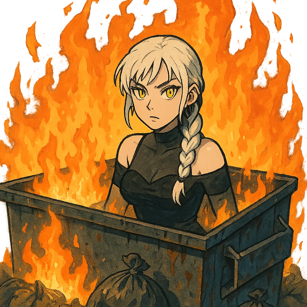 she is poking out from a garbage dumpster, fire, garbage fire, everything is on fire, a closeup portrait of young woman with gold yellow eyes, white hair, long braid, black off-shoulder top d-cup, punk gothic style, futuristic cyberwave cyberpunk, emoji