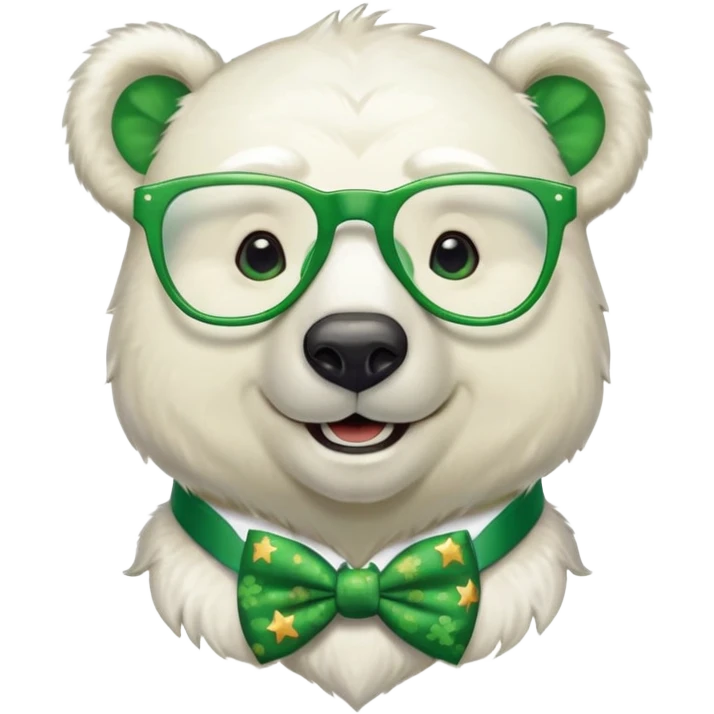 head and shoulders of a friendly anthropomorphised polar bear smiling, wearing large multicolored star-shaped glasses, green bow tie, shamrock pin, festive green shirt emoji