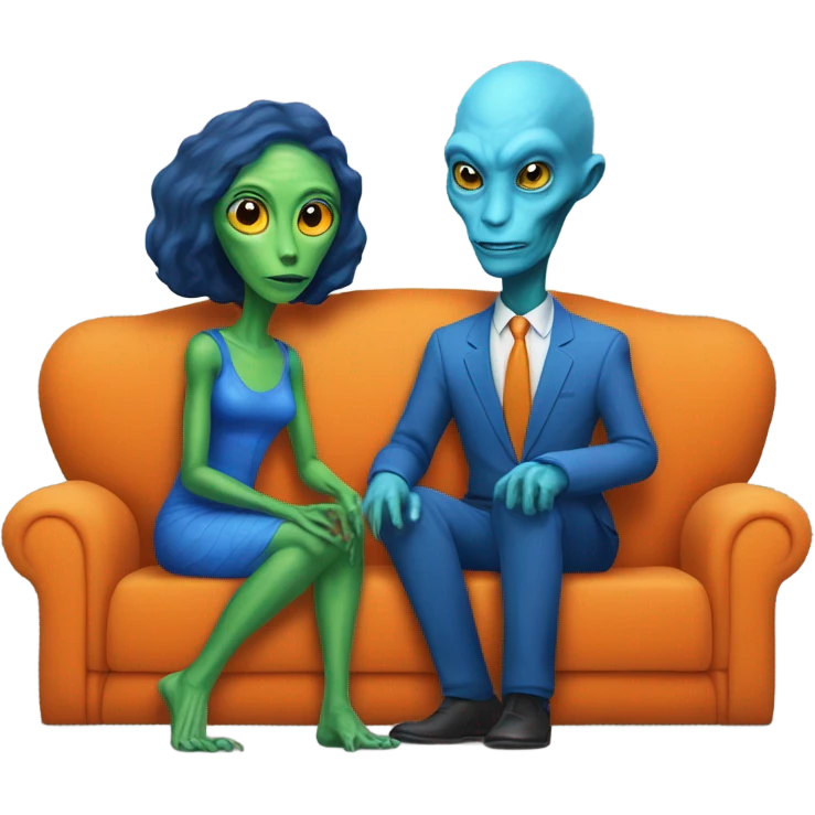 alien reptilian woman in orange dress and humman man in blue, sitting on a couch  emoji