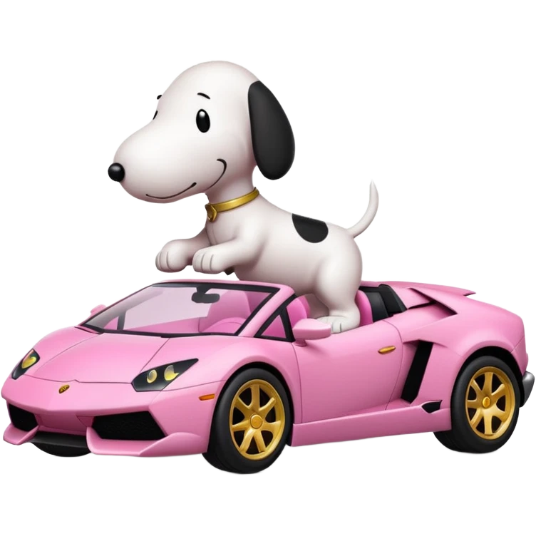 Snoopy in a Lamborghini, the Lamborghini is sideways and Snoopy isn't big, the Lamborghini is pink emoji