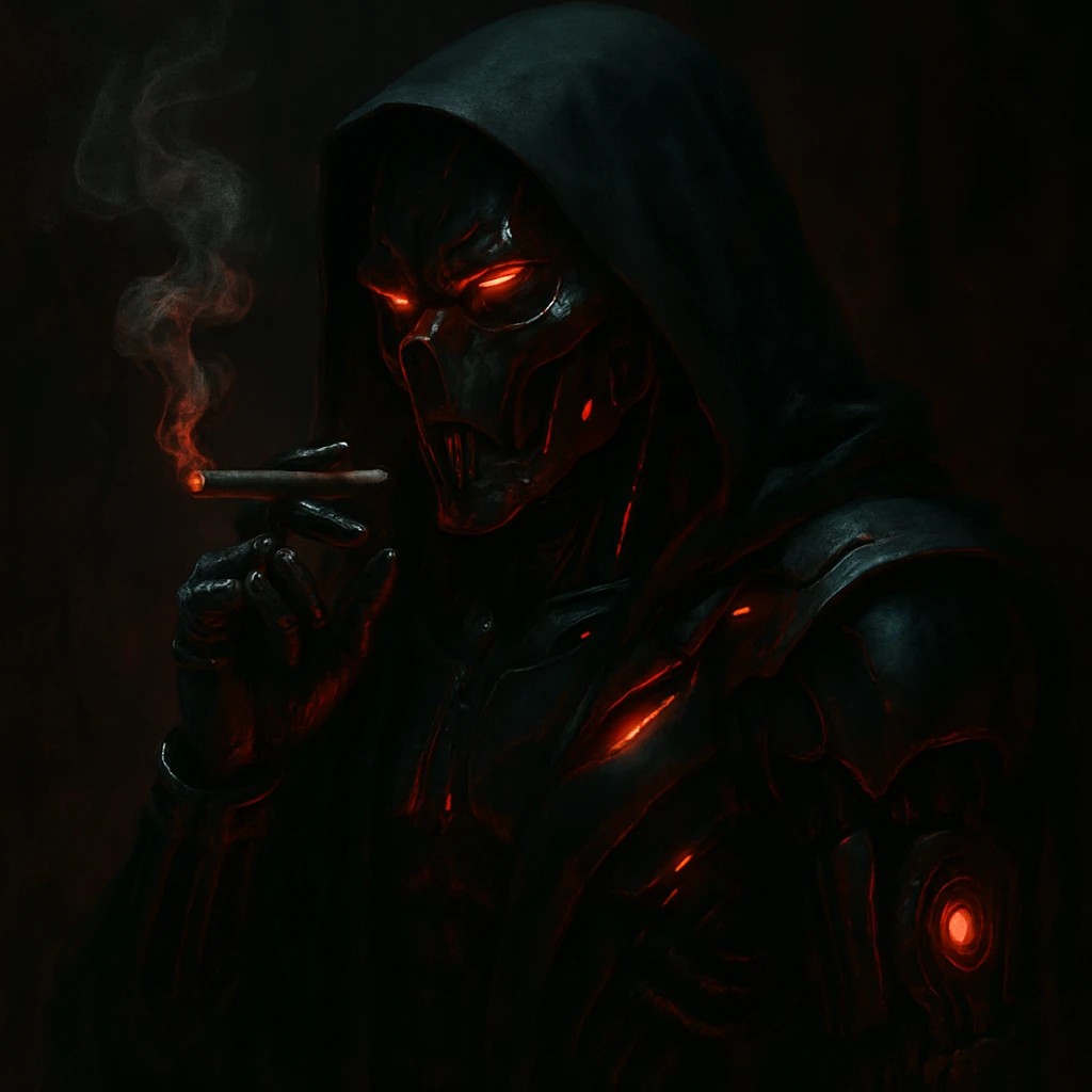 a sith lord with cybernetic enhancements, smoking a joint, glowing red accents, dark and moody atmosphere emoji