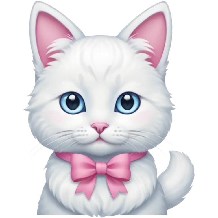 white cat sitting and she has a pink small bow on her right ear,she has blue eyes emoji