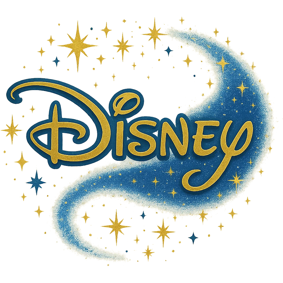 logo in Disney style, magical and fun feeling, elegant font, with stars and fairy dust details, predominantly blue and gold colors emoji