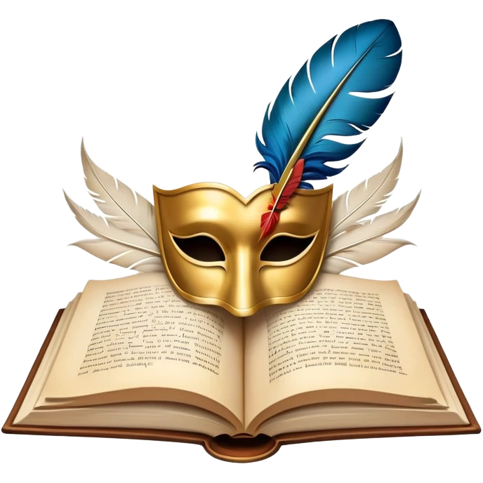 An icon featuring an open book with flowing pages, a feather quill, and classic literary symbols like a theater mask and inkwell. The design includes a subtle parchment background with faint text lines, symbolizing the study of literature. Transparent background emphasizes creativity and analysis. emoji