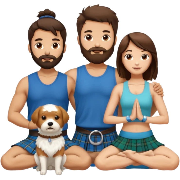 emoji of brunette man with beard wearing kilt, brunette woman in yoga outfit and one white fluffy dog emoji